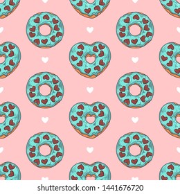 Vector pattern. Glazed donuts decorated with toppings, chocolate, nuts. Isolated objects for your design. Each object can be changed and moved.