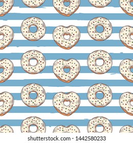 Vector pattern. Glazed donuts decorated with toppings, chocolate, nuts. Isolated objects for your design. Seamless horizontal stripes. Each object can be changed and moved.