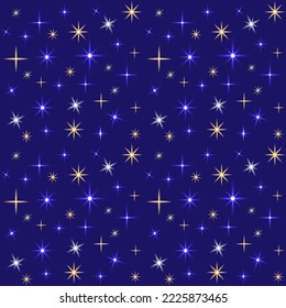 Vector pattern. Glowing stars and sparks on a dark blue background. Winter night. Drawing for holiday packaging.