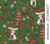 Vector pattern with gnomes and mushroom houses. Forest fairytale world. Seamless background with magical characters.
