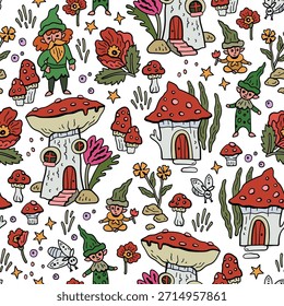 Patrón de Vector con gnomos y casas de setas. Mundo de cuento de hadas del bosque. Fondo sin fisuras con personajes mágicos.
