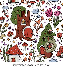 Vector pattern with gnomes and mushroom houses. Forest fairytale world. Seamless background with magical characters.