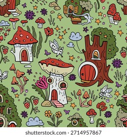 Patrón de Vector con gnomos y casas de setas. Mundo de cuento de hadas del bosque. Fondo sin fisuras con personajes mágicos.