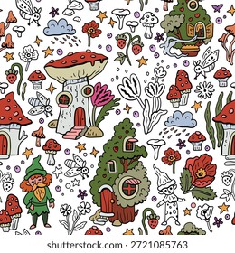 Patrón de Vector con gnomos y casas de setas. Mundo de cuento de hadas del bosque. Fondo sin fisuras con personajes mágicos.