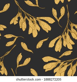 Vector pattern from gold ash tree's seeds isolated on dark background. Paired samaras.