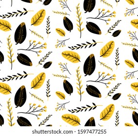vector pattern of gold and black feathers, twigs, leaves on a white background