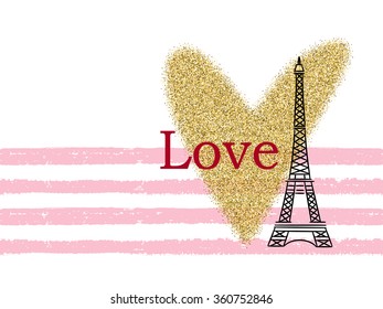 Vector pattern with gold glitter heart, Eiffel tower and hand drawn stripped