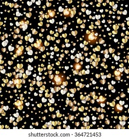 Vector pattern with gold hearts on black background. Valentines day illustration