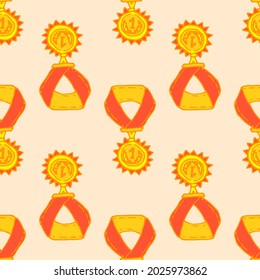 Vector pattern of a gold medal on a red ribbon. Seamless pattern of a yellow medal with a laurel wreath and a number drawn in the doodle style one is located on a yellow background, for the winner 