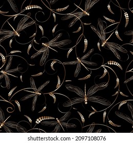 Vector pattern with golden dragonflies.Gold floral ornament and dragonflies on a black background in a seamless vector pattern.