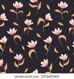 Vector pattern with golden leaves and white flowers. Art of nerds and patterns in dark colors. Luxurious jewelry design. Interior design, reproductions, covers, postcards, fabrics.	