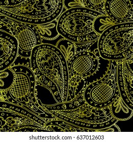 Vector pattern with golden paisley on black solid background.