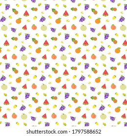 Vector pattern with grapes, pineapples, pitaya/dragon fruit, pearl, corns, bananas, watermelons. Cute fruit pattern background. Fashion pattern for print, wrapping paper