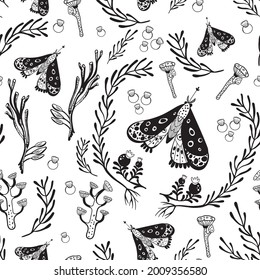 Vector pattern of in graphic style.Hand-drawn leaves, butterflies, mushrooms