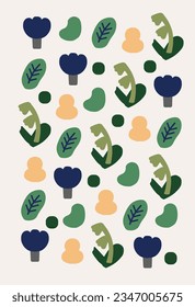 Vector pattern of a grassy field image with flowers and green plants.