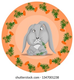 Vector pattern with a gray rabbit that has eaten carrots. The remains of carrots in a circle on an orange background. The concept of gluttony and indifference in food.