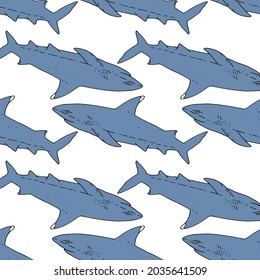 Vector pattern of a gray shark. a seamless pattern of a gray predatory sea SHARK drawn in a sketch style located in different directions on a white background for a design template