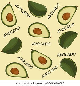 Padrão de vetor. Abacate verde e metade de um delicioso abacate, bela inscrição, fundo padrão verde claro, pedra viva marrom. Estilo de realismo. Design é projetado para têxteis, embalagem, impressão