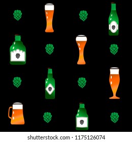 Vector pattern with green beer bottles and yellow glasses and green hops on black background