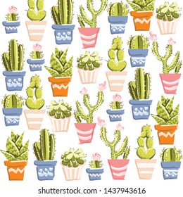 
vector pattern with green cacti in pots
