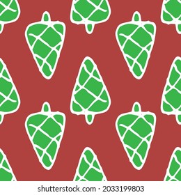 Vector pattern of a green Christmas tree on a red background for Christmas. Seamless pattern of a triangular-shaped green Christmas tree, drawn in a doodle style with a stripe texture