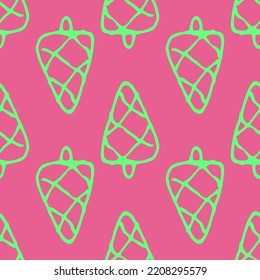 Vector pattern of a green Christmas tree on pink for the holidays. Seamless pattern of a triangular shaped green Christmas tree, drawn in the style of a doodle with a stripe texture for a New Year's 