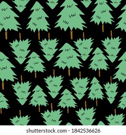 Vector pattern with green Christmas trees with brown trunk. For printing on a dark background for wrapping paper, clothes, bedding and notebooks.