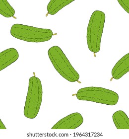 Vector pattern of green cucumber. Seamless pattern of painted cucumber in sketch style with black outline and green color with yellow inflorescence on white background for label design template