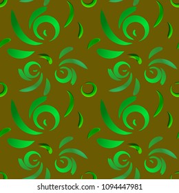 Vector pattern of green doodles and curls in floral ornament in ethnic style on an olive background. For fabric or paper.
