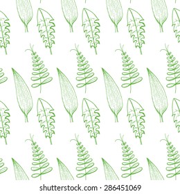 Vector pattern with green leafs and branches of clambering plant. Garden and park theme.