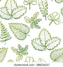 Vector pattern with green leafs and branches of clambering plant. Garden and park theme.