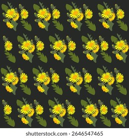 Vector pattern of green leaves of a grassy dandelion plant. Summer mood of nature. The earth is covered with leaves. For eco-design of textiles, packaging, backgrounds.