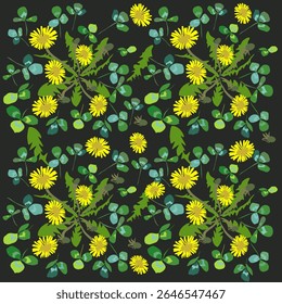 Vector pattern of green leaves of a grassy dandelion plant. Summer mood of nature. The earth is covered with leaves. For eco-design of textiles, packaging, backgrounds.