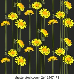 Vector pattern of green leaves of a grassy dandelion plant. Summer mood of nature. The earth is covered with leaves. For eco-design of textiles, packaging, backgrounds.