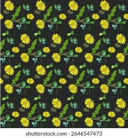 Vector pattern of green leaves of a grassy dandelion plant. Summer mood of nature. The earth is covered with leaves. For eco-design of textiles, packaging, backgrounds.