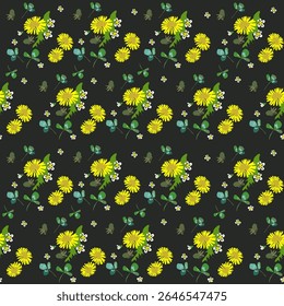 Vector pattern of green leaves of a grassy dandelion plant. Summer mood of nature. The earth is covered with leaves. For eco-design of textiles, packaging, backgrounds.