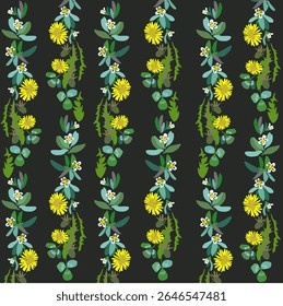 Vector pattern of green leaves of a grassy dandelion plant. Summer mood of nature. The earth is covered with leaves. For eco-design of textiles, packaging, backgrounds.