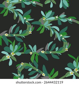Vector pattern of green leaves of a herbaceous plant. Summer mood of nature. The earth is braided with leaves. For eco design of textiles, packaging, backgrounds.