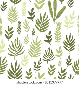 Vector pattern  green leaves in lovely style on white background.