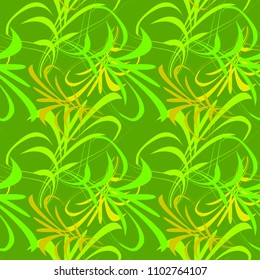 Vector pattern from green lines and hieroglyphs for backgrounds on a grassy background in Japanese style. For paper and fabrics.
