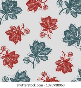 Vector pattern of green and orange linden leaves.