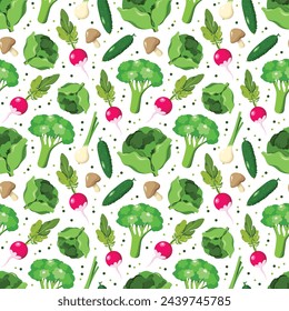 Vector pattern with green vegetables, cabbage, broccoli, radish, mushrooms, dots on white backgrounds