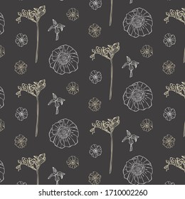 Vector pattern with grey background and hand drawn vintage spring meadow flowers and petals perfect for wrapping, textile, and background design