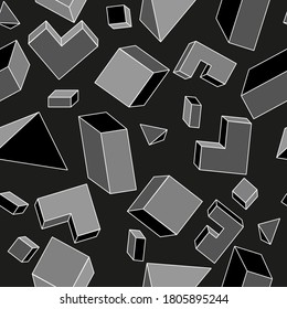 vector pattern with grey volumetric shapes on the black background. abstract background picture