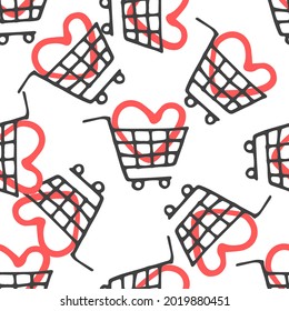 Vector Pattern Of A Grocery Basket Icon With A Heart Inside. A Grocery Cart With A Gray Outline With A Red Heart Inside, Drawn In The Style Of Doodles. Seamless Pattern Symbol Of Love Shopping