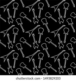 Vector pattern. Guitars. White outline on black background. Illustration, graphics, drawing. Suitable for packaging, fabric, wallpaper, web design.