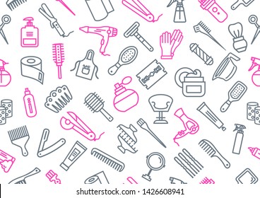 Vector pattern of hairdresser elements on white background. Illustration of hairdresser accessories.