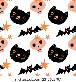 vector pattern for halloween. cute cat, skull, bat, stars. childish funny pattern for halloween, design, print, textile, fabric, wrapping paper.