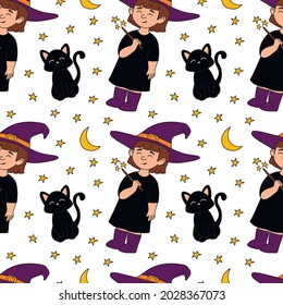 Vector pattern for the Halloween holiday with a little witch and her cat surrounded by stars and crescents. Magic seamless illustration for printing on fabric, packaging, clothing, etc.