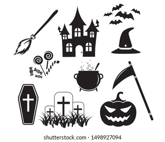 Vector pattern for Halloween on white background. Pumpkin, bat, scull, candy, horror house, cross, axe. 
